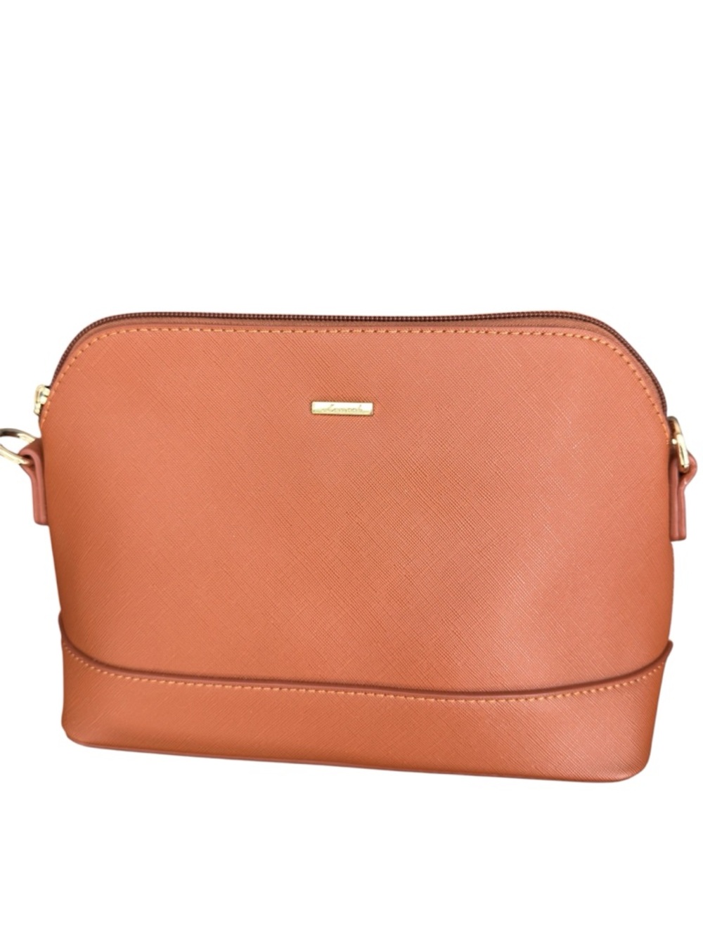 Saffiano Tan Crossbody Bag Structured Minimal Gold Hardware - Picture 2 of 10